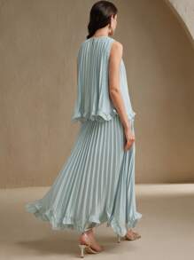 Anewsta Bộ áo hai mảnh không tay xếp nếp thanh lịch lãng mạn cho ngày lễ, tiệc tùng, hẹn hò dành cho nữ, thích hợp cho mùa xuân, mùa hè, lễ hội, tốt nghiệp - Màu xanh lam - Xem 3