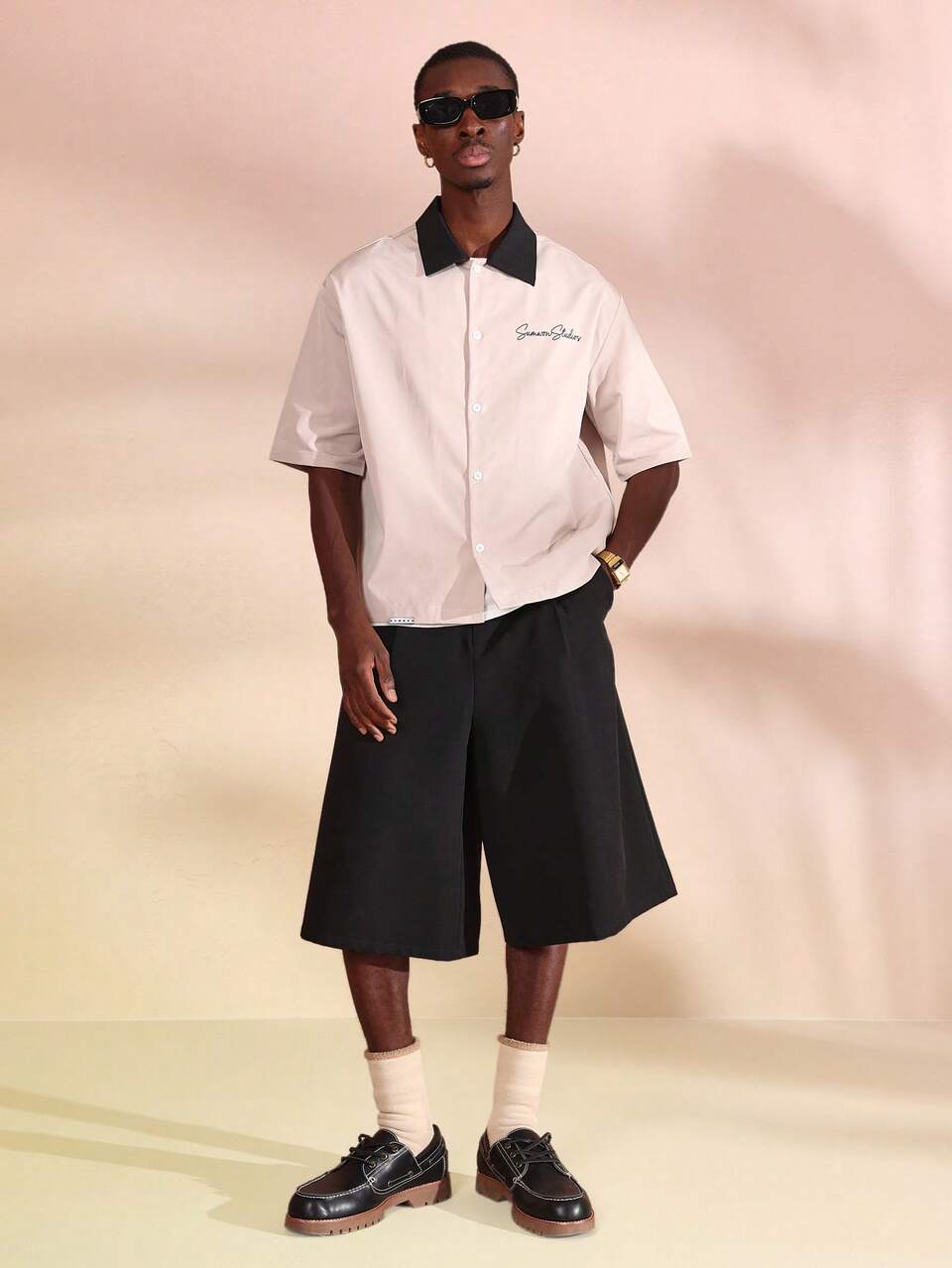 Sumwon Studios Lifestyle Statement Streetwear Button Up Work Shirt Short Sleeve Contrast Collar Lightweight Summer Spring Casual Boxy Fit Top