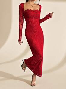 SHEIN PETITE Đầm Maxi Đen Ôm Hông Cổ Vuông Ren Hình Chữ S Gợi Cảm Cho Nữ, Tay Dài, Cúp Ngực, Cổ Xương Cá, Dự Tiệc Mùa Hè Mới - Đỏ - Xem 5