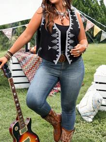 EMERY ROSE 加大码女式西式刺绣开襟背心夏季西式服装、秋季、乡村音乐会、西部、波西米亚风、音乐会、秋季 - 黑色 - 查看 8