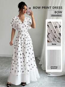 Elenzga Women Fashion Elegant V-Neck Shoulder Sleeve Chest Pleated Hem Chiffon Mesh Panel Printed Dress - Multicolor - View 1