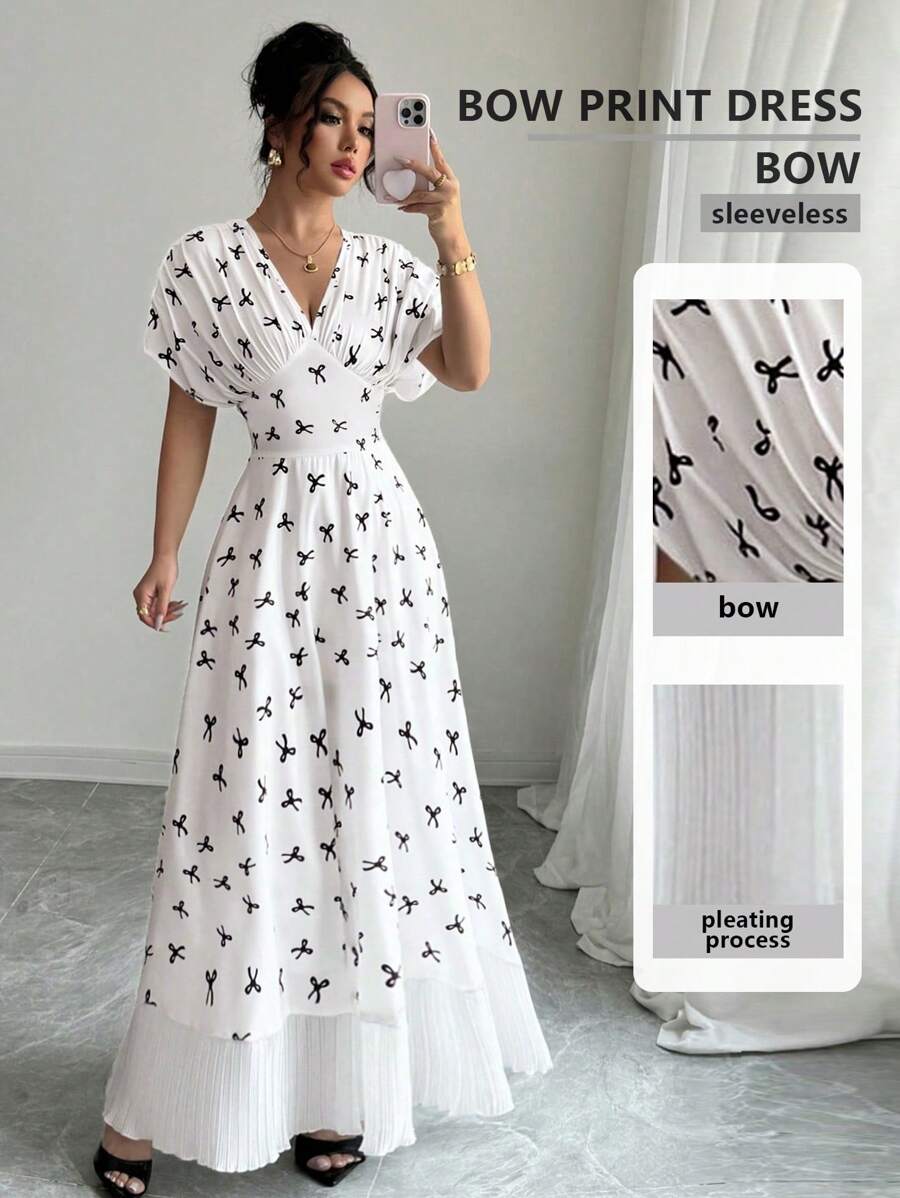 Elenzga Women Fashion Elegant V-Neck Shoulder Sleeve Chest Pleated Hem Chiffon Mesh Panel Printed Dress - Multicolor - View 1