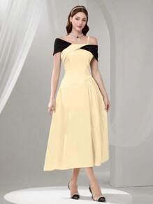 Poshira 不对称设计女士晚礼服（缀饰） - 杏色 - 查看 4