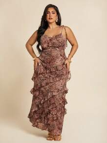 SHEIN X Scheana SHEIN BAE 夏季海滩度假豹纹荷叶边蛋糕连衣裙，适合日常约会、夜间外出、夜总会、派对、聚会、泳池派对、返校季服装、返校季服装、节日连衣裙女装、音乐节服装、乡村音乐节服装、演唱会服装 - 彩色 - 查看 5