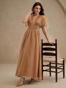 Anewsta 女式 V 领荷叶边肩袖收腰连衣裙，海滩度假装，春夏 - 摩卡棕 - 查看 6