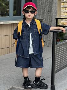 Dazy Kids 男童破洞牛仔短袖T恤和短裤套装，休闲 - 藍色 - 查看 6