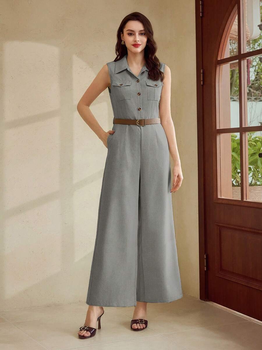 Vintamour Bộ đồ liền thân thanh lịch cổ điển dành cho quý cô, bộ đồ liền thân bó sát mùa xuân/hè có túi, cổ áo, thắt lưng màu kaki nhạt, không tay - Xám - Xem 1