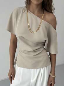 New Apricot Versatile Minimalist Commuter Asymmetrical Batwing Sleeve Ruffle Waist Fitted Pullover Top - Apricot - View 4