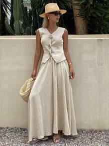 DAZY 2件套女士纯色无袖单排扣背心和半裙套装，春夏款 - 卡其色 - 查看 2