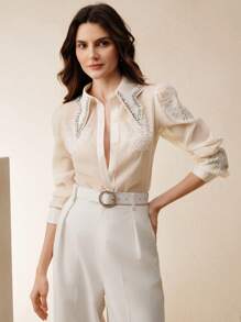 Women's Elegant Rhinestone Embroidered Floral Collar Blouse - White - View 4