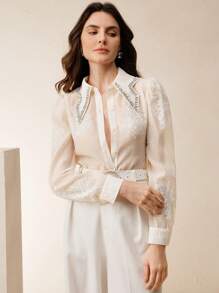 Women's Elegant Rhinestone Embroidered Floral Collar Blouse - White - View 6