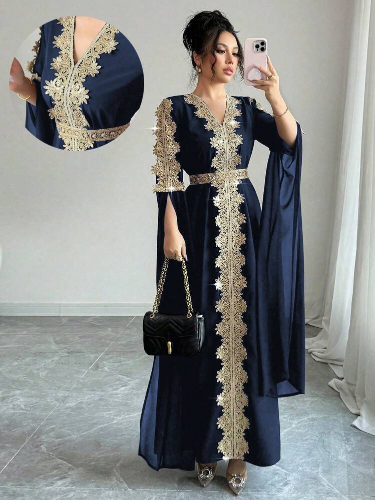 Rafferiza Patchwork Extra Long Sleeve Abaya Robe, Women Middle East Style Solid Color Lace Hem Long Dress Fall Cloth For Women - Navy Blue - View 1