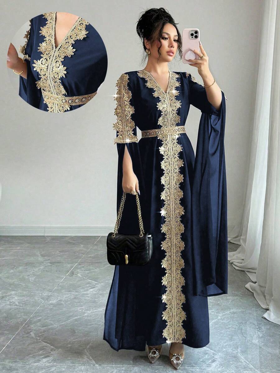 Rafferiza Patchwork Extra Long Sleeve Abaya Robe, Women Middle East Style Solid Color Lace Hem Long Dress Fall Cloth For Women - Navy Blue - View 1