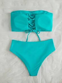 SHEIN Swim Summer Beach Solid Bikini Set Lace Up Back Reversible Tube Bra & High Waisted Bottom 2 Piece Bathing Suit - Mint Blue - View 4