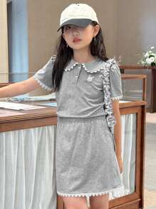 DAZY 2pcs/Set Tween Girls Polo Collar Puff Sleeve T-Shirt + Skirt Outfit For Autumn,Back To School Clothes - Grey - View 6
