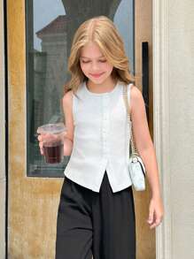 青少年女孩罗纹不对称纽扣开合针织无袖毛衣 - 白色 - 查看 11