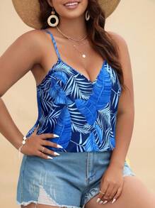 Travachic Plus Size Boho Simple Tropical Print Spaghetti Strap Cami Top, Casual, For Summer - Blue - View 3