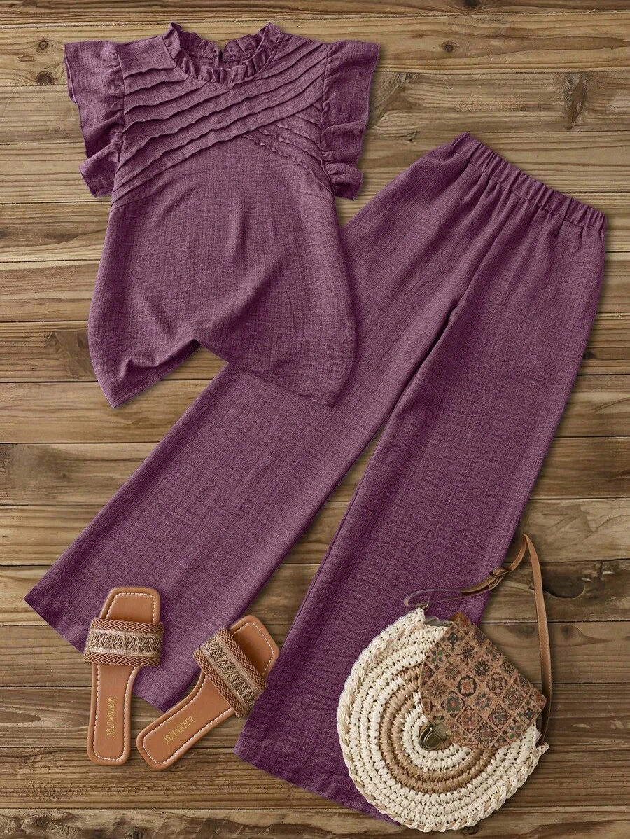 SHEIN Clasi Women's Casual Asymmetrical Pleated Decoration Cap Sleeve Ruffle Collar Blouse, Spring/Summer Women's Casual Elastic Waist Side Pockets Straight Leg Ankle Pants, Spring/Summer