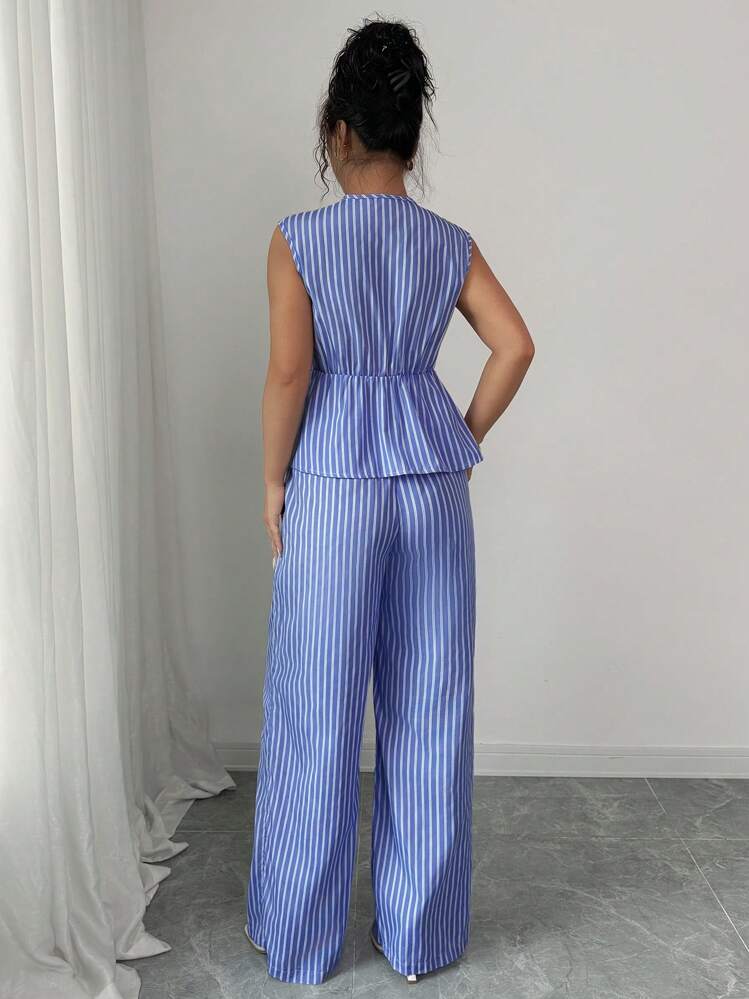 Conjunto de 2 piezas para mujer: Blusa sin mangas con diseño de amarres en frente a rayas azules y blancas + Pantalones elásticos a la cintura a rayas azules y blancas, para primaver - Azul y blanco - Añade 2