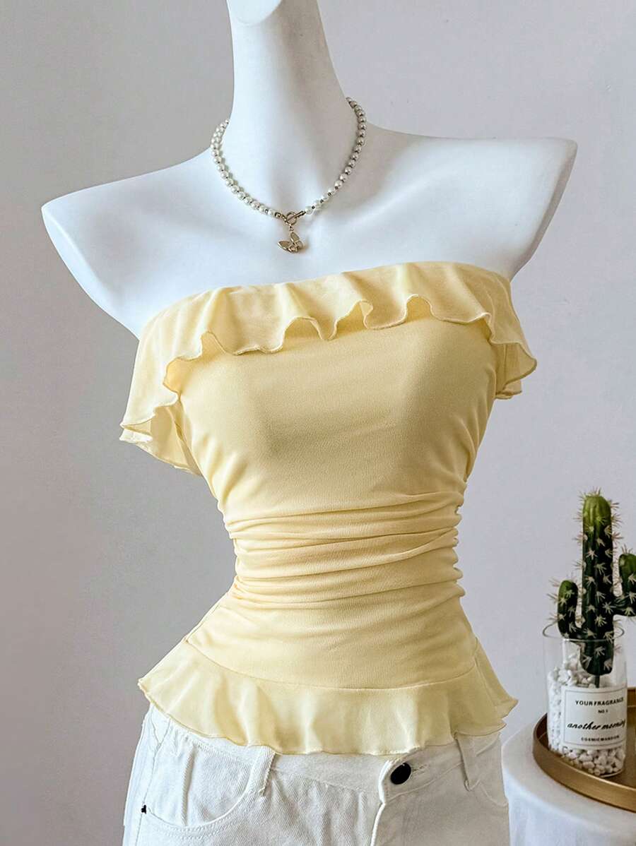 Elamini Sexy Fitted Ruffle Hem Bandeau Women Top - Yellow - View 1