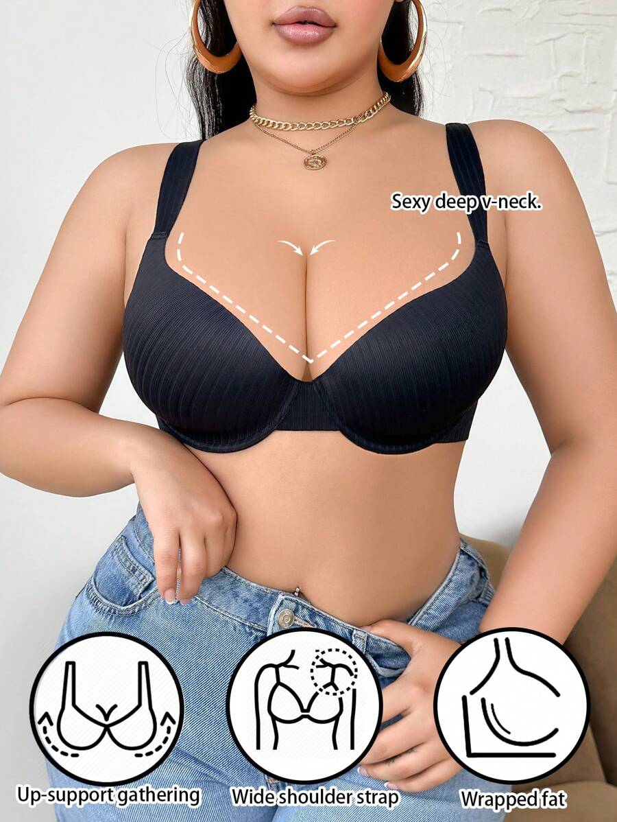 SHEIN 1 Áo ngực không gọng không đường may cỡ lớn cho nữ - màu đen - Xem 1