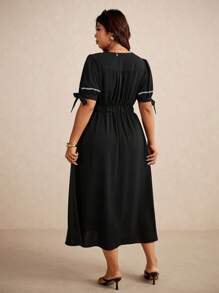 Elaquor 大码V领刺绣花卉长裙，时尚休闲通勤黑色长裙，2025春夏新款松紧腰长裙 - 黑色 - 查看 5