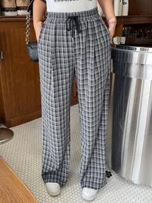 Dazy Plus Plus Size Plaid Elastic Waist Drawstring Loose Casual Long Pants - Navy Blue - View 6