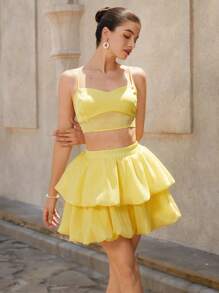 Femmeiva 2pcs/Set Women Chic Solid Color Camisole Top + 2-Layer Floral Mini Yellow Skirt - Yellow - View 2
