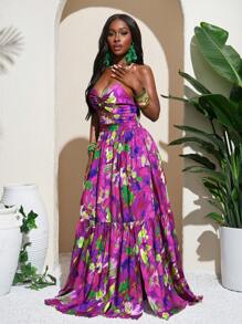 Slaydiva Vestido largo con espalda descubierta, tirantes con nudo y bajo en capas con estampado tropical sexy para vacaciones de verano para mujeres - Morado - Ver 3