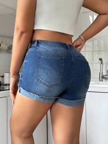 SHEIN MOD Quần short denim bó có túi rách rách cỡ lớn cho nữ - Rửa tối - Xem 4