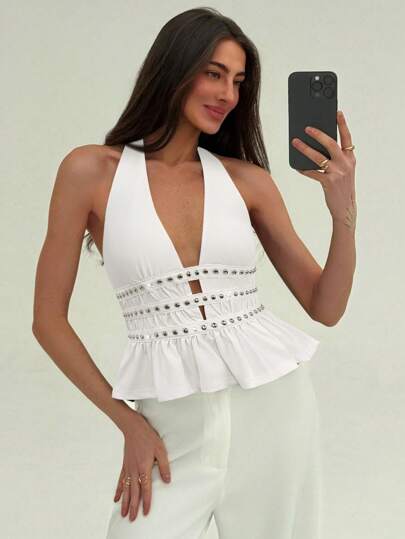 Aloruh Top sin espalda con decoración de tachuelas, cuello halter y sin mangas, estilo veraniego Y2K de las Spice Girls en un festival de música, para mujeres en verano