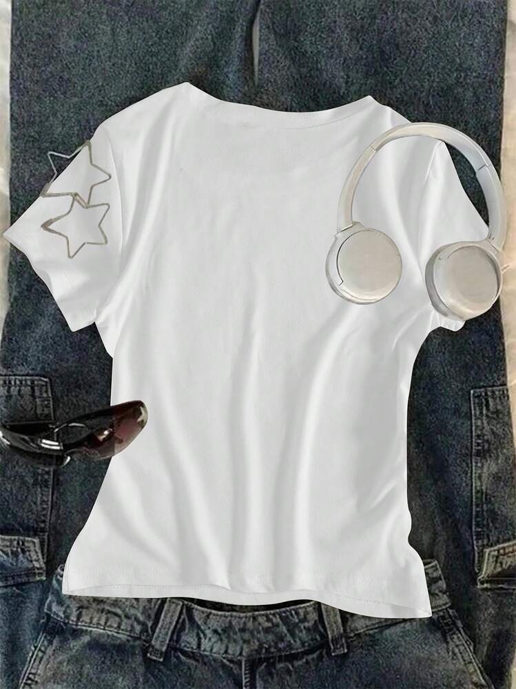 Teen Girl Graphic And Letter Print Round Neck Short Sleeve T-Shirt Women S Graphic Baby Tees - White - View 2