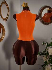 Amplova Women's Rhinestone Floral Frayed Edge Mesh Camisole - Burnt Orange - View 4