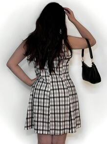 SHEIN Frenchy Abito elegante da donna taglie forti con stampa tartan, decorato con fiocco, collo tondo, in tessuto