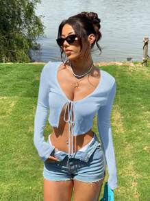 SHEIN EZwear 女士时尚长袖开衫，适合夏季 - 藍色 - 查看 6