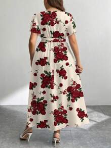 Modelyn Casual Vintage Flower Pattern Loose Fit Plus Size Dress, Suitable For Autumn/Winter Boho Suitable For Going Out Chic Dress - Multicolor - View 2
