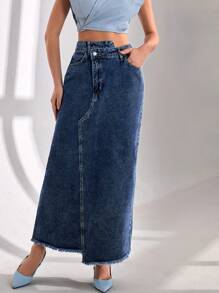 SHEIN Cottnline Jupe en jean mini asymétrique délavée et effilochée pour femmes, style casual - Jean brut - Voir 2
