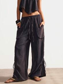 Bohemela Women Relaxed Fit Woven Solid Color Wide Leg Washed Pants Lace Up Pants Tie Pants Gauze Pants Boho Pants Wide Leg Pants - Black - View 2