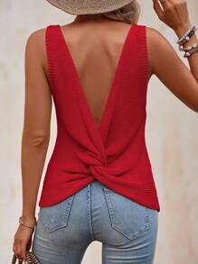 SHEIN LUNE Women's Sleeveless Knitted Top With Back Twisted Knot Detail,Open Back Top - Burgundy - View 1