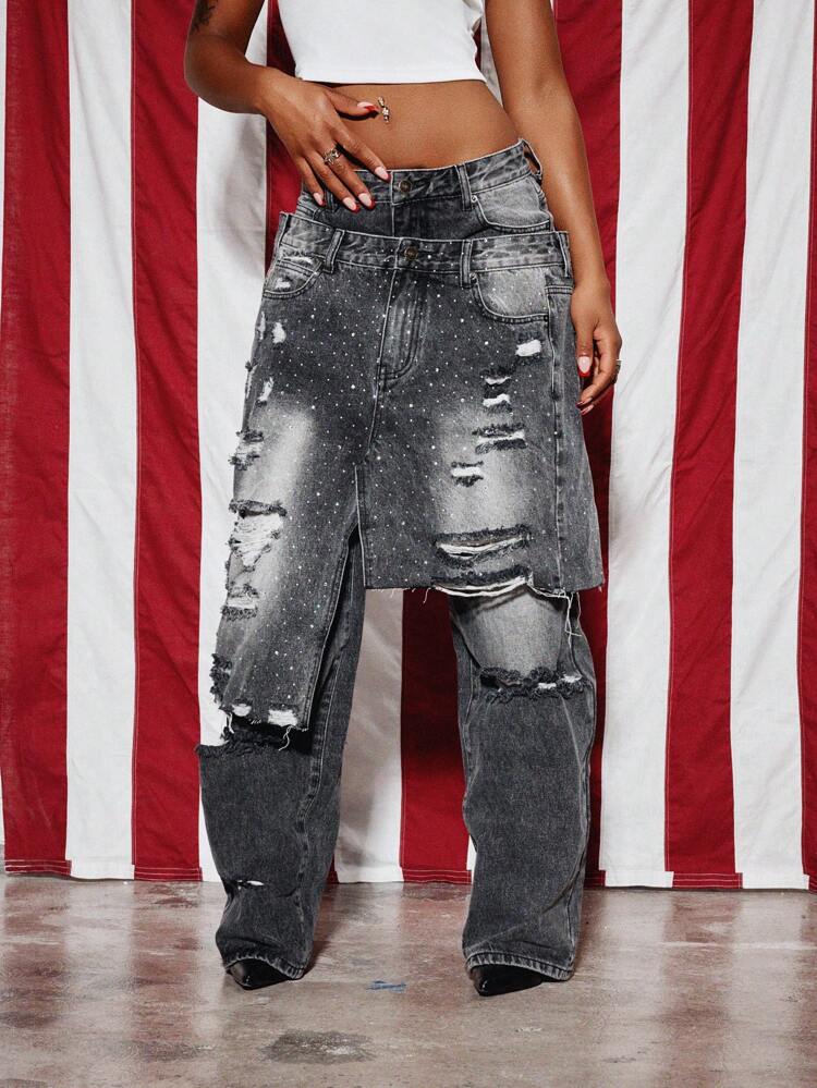 SUMWON WOMEN Jean déchiré à jambe large et double épaisseur Sparkle Stars