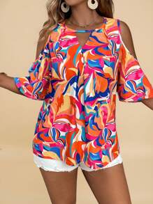 Travachic Plus Size Open Shoulder Allover Print Keyhole Neck Blouse, Summer Vacation - Multicolor - View 5