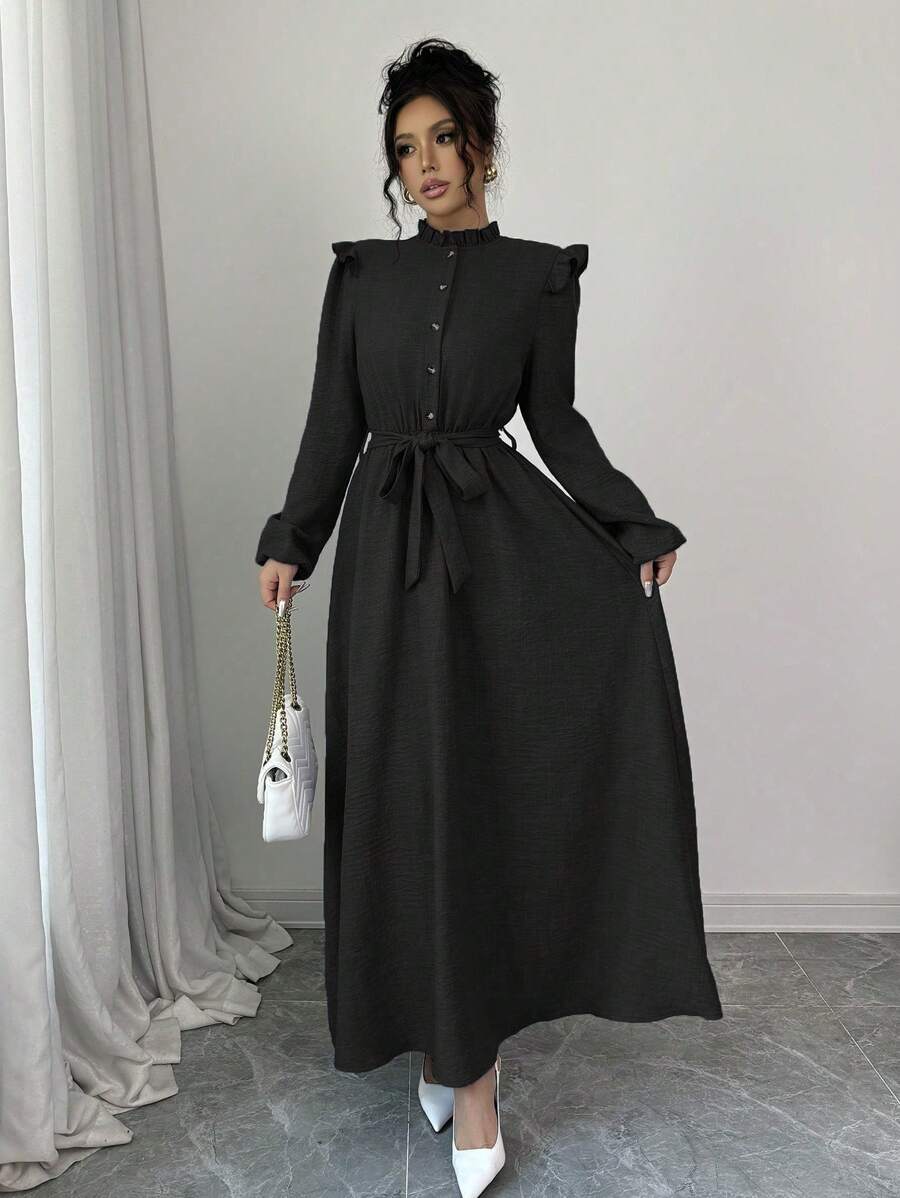 Elenzga 女式纯色荷叶边前扣长袖休闲长款束腰连衣裙女装 - 黑色 - 查看 1
