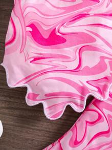 SHEIN LMoss Kids Baby Girl Summer Allover Print Asymmetrical Ruffle Hem Halter Top And Flare Pants Set