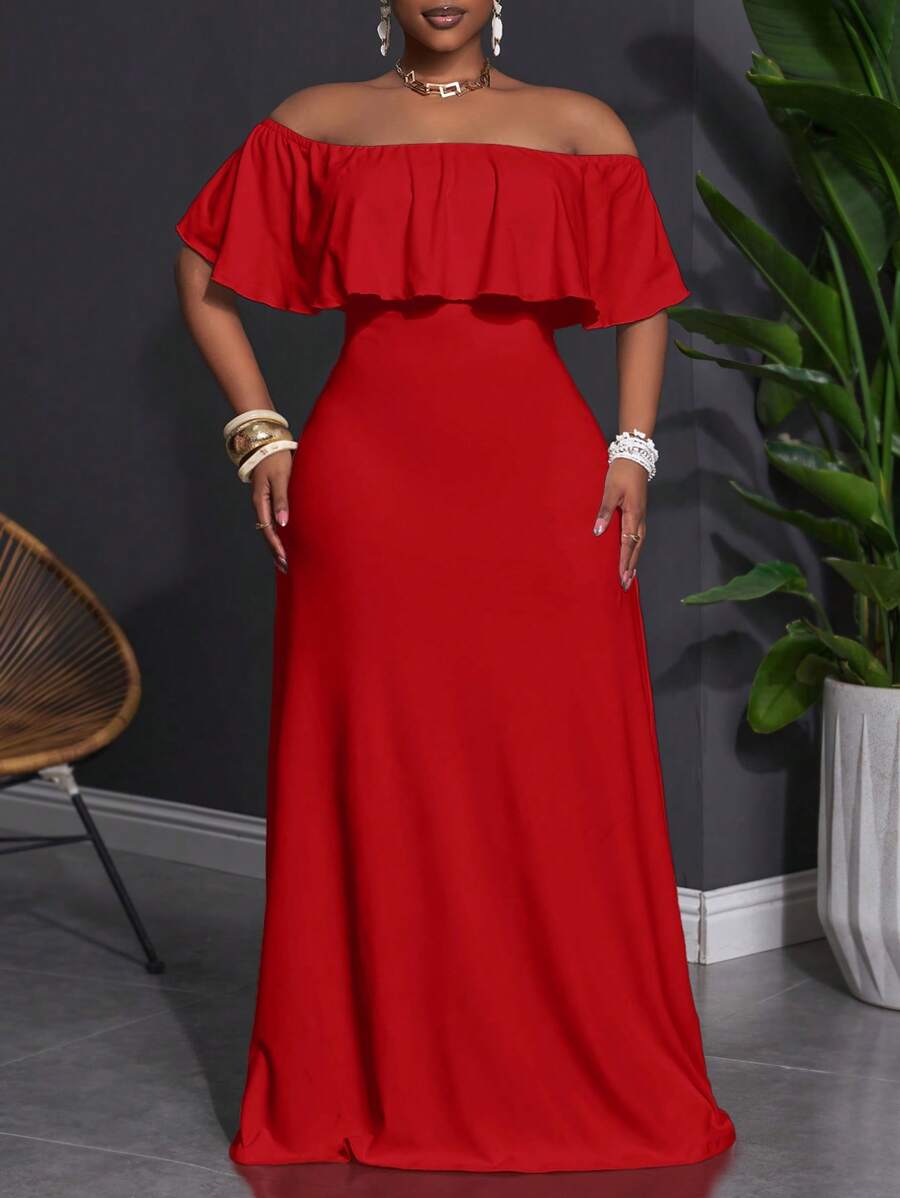 Slaydiva 2025 年新款百搭简约休闲设计露肩荷叶边修身连衣裙，大码女装/秋季女装/大码夏装/七月四日/七月四日女装/Y2K/女装街头服饰/乡村/海滩/俱乐部/教师/亚麻/街头服饰/欧洲夏季/女士夏季服装/女士时尚服装/，长裙红色长裙露肩长裙红色长裙红色露肩连衣裙女式红色长裙 - 紅色 - 查看 1