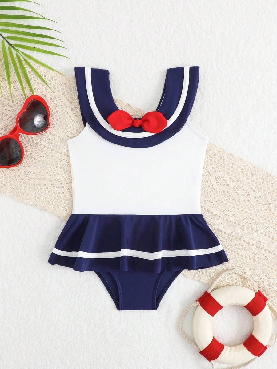 Baby Girl Contrast Color Bow Decor Cute One-Piece Swimsuit - Multicolor - View 1