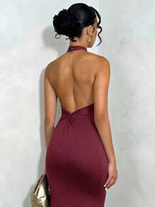 SHEIN Tall Đầm Maxi Bodycon hở lưng màu trơn đơn giản thanh lịch cho nữ, thích hợp mặc hàng ngày - Màu Đỏ Sâu - Xem 2