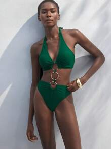 Maija Women's Solid Color Circular Ring Decor Hollow Sexy One-Piece,High Waisted Bathing Suit, Old Money - Green - View 1
