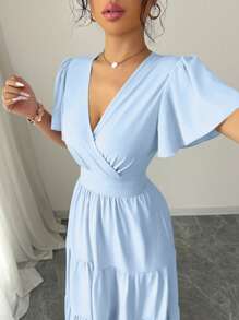 Elenzga 2025 Spring/Summer New Arrival French Elegant Cinched Waist High-Quality Purple Short Sleeve Dress - Baby Blue - View 3