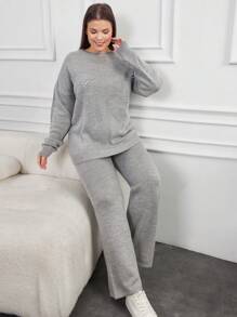 EURMUSE Plus Size Casual Crew Neck Melange Yarn Faux Pearl Beaded Drop Shoulder Solid Sweater & Wide Leg Plain Drawcord Detailed Sweater Pants 2 Pieces Set, For Winter - Grey - View 1