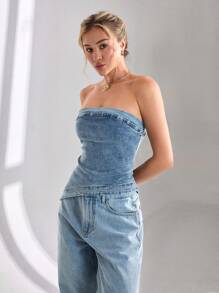 CLARA VERO Women Elegant Asymmetrical Hem Tube Denim Top - Medium Wash - View 5